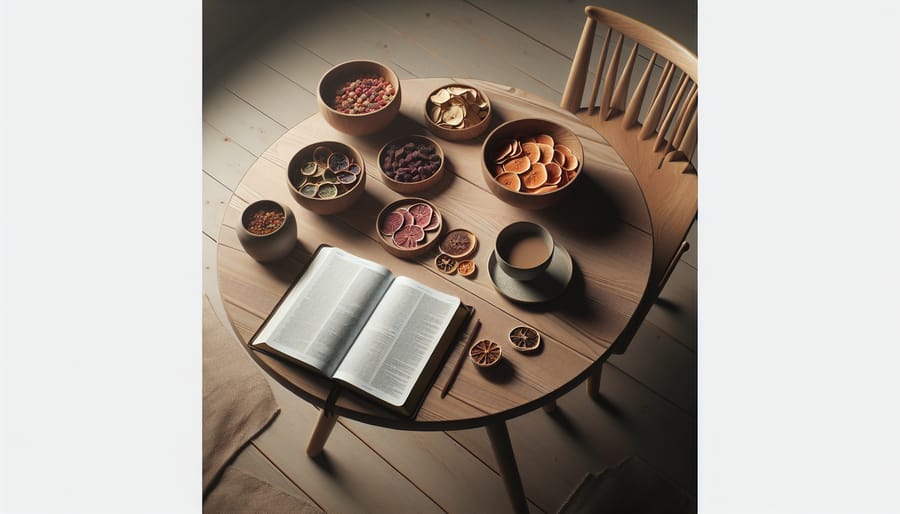 An inviting Bible study setup with an open Bible, bowls of colorful freeze dried fruits, and a warm beverage on a wooden table under soft lighting.