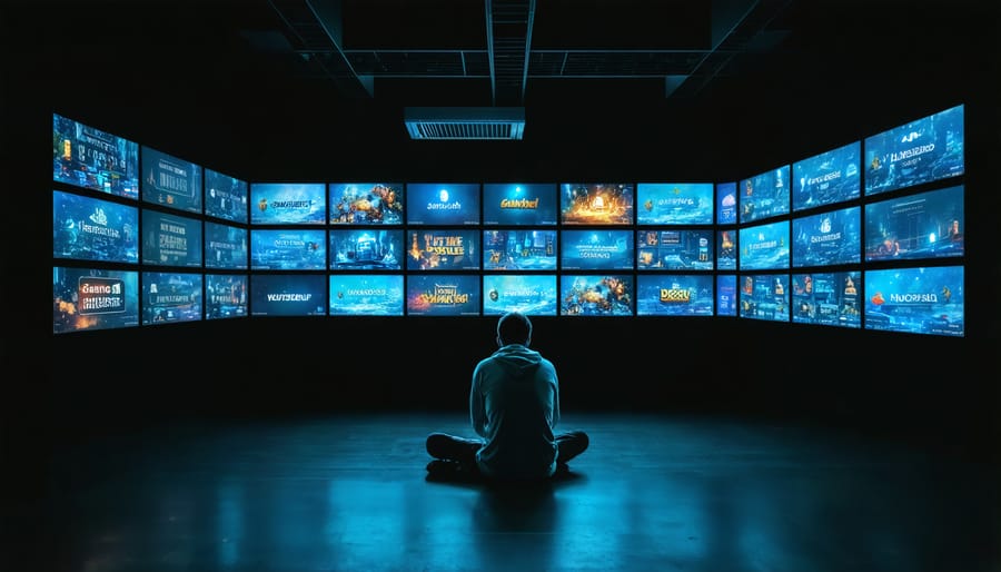 Individual isolated in darkness surrounded by glowing gambling screens