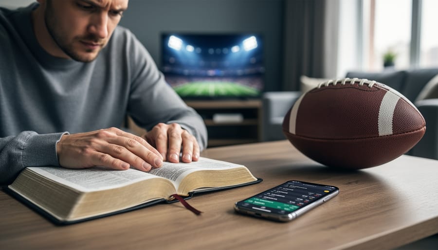 Adult seated at a table with an open Bible and a smartphone displaying a blurred betting app, football nearby, soft daylight, living room background softly out of focus.