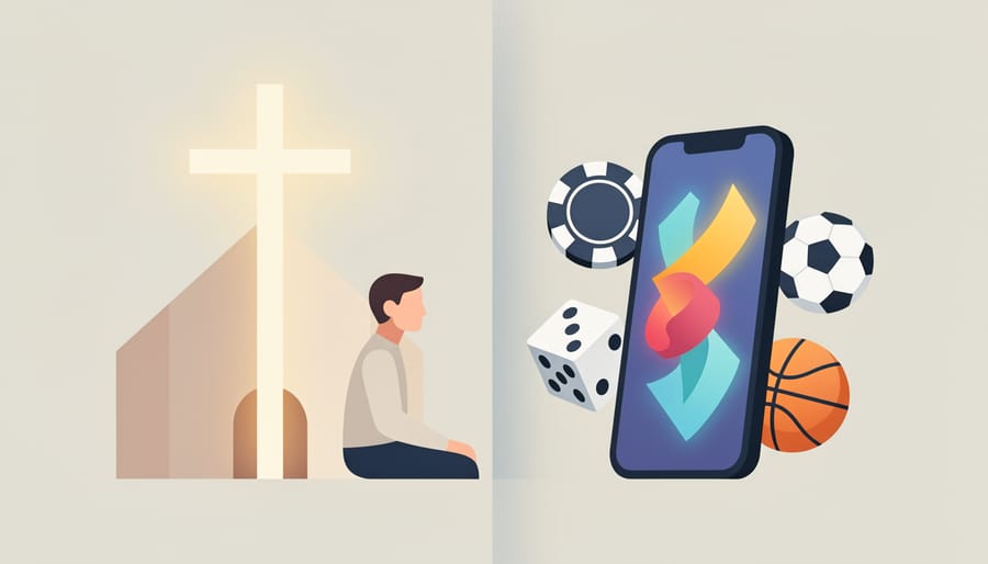 Open Bible and smartphone showing contrast between faith and modern sports betting technology