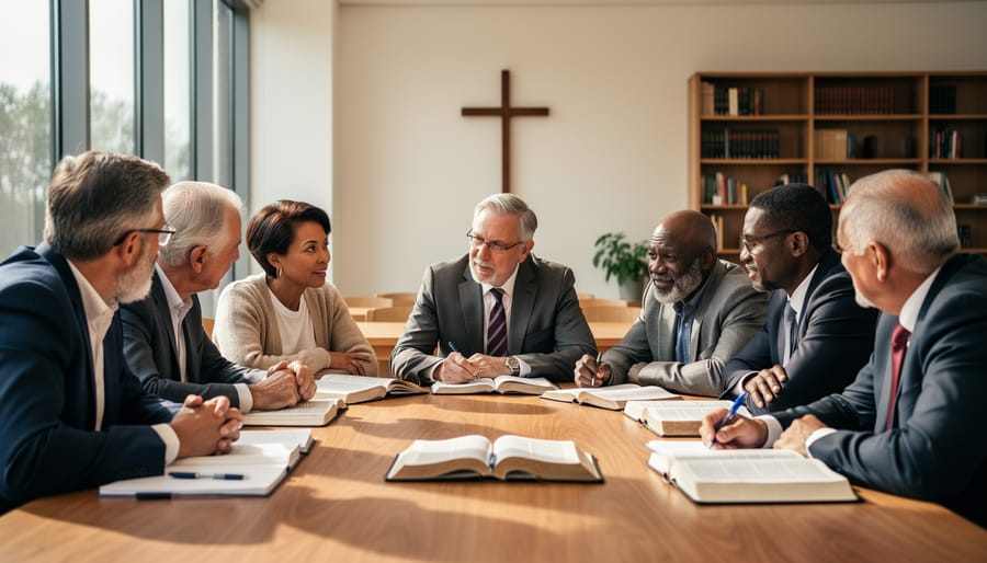 Diverse group of church leaders studying scripture together in circle