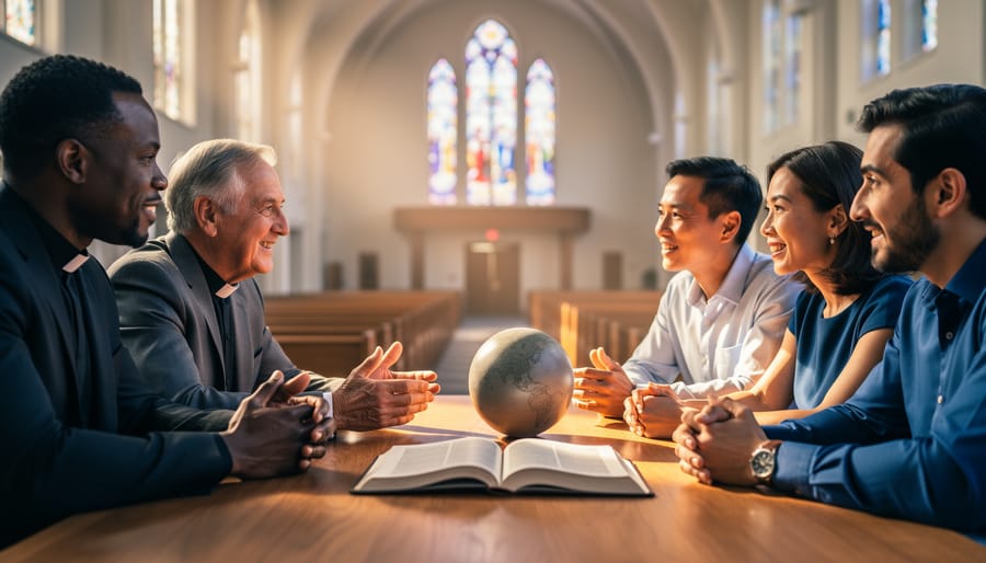 Diverse men and women sit around a wooden table in a church, focused on an open Bible and a small globe, with warm side light and a softly blurred sanctuary with stained glass in the background.