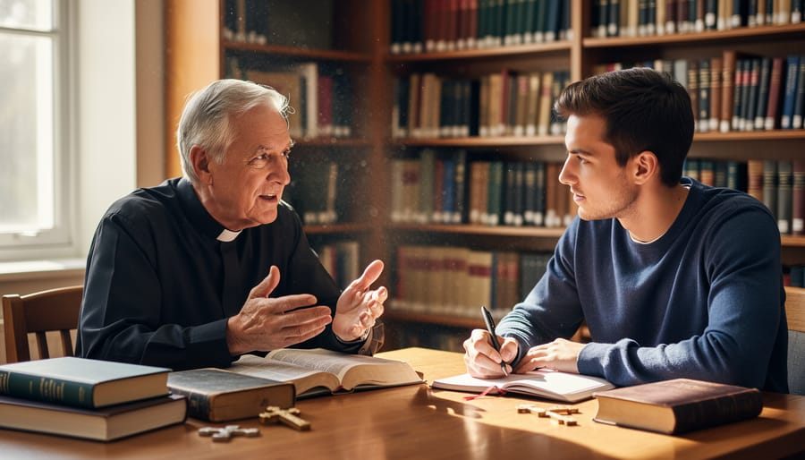 Senior pastor mentoring younger ministry leader in one-on-one meeting