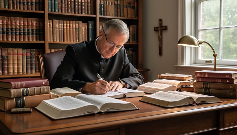 Seminary student studying theological texts at library desk