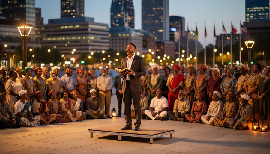 A missionary preacher speaking with an open Bible to a seated audience during an evening community gathering.
