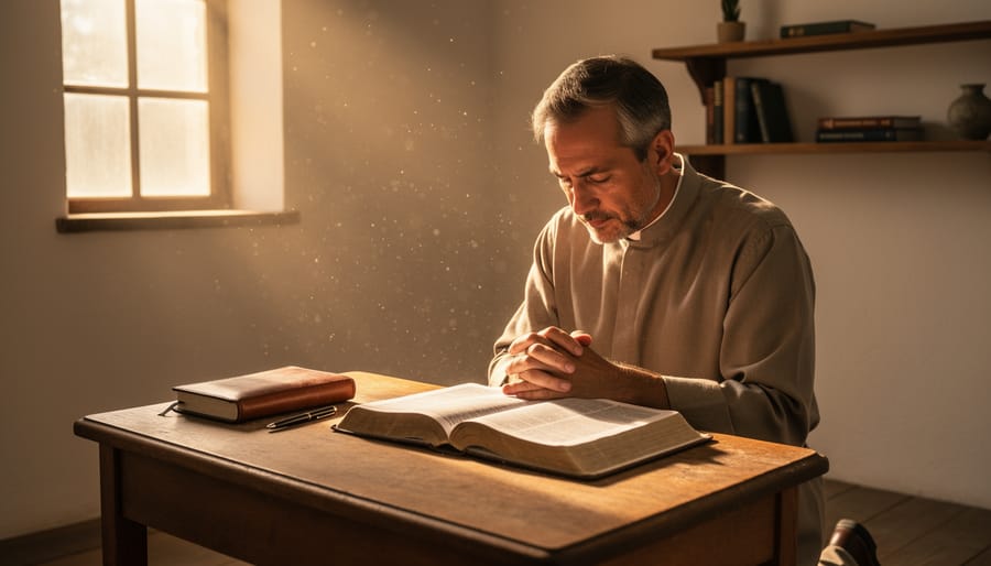 A person praying near a cross in a church entrance with sunrise lighting in the background.