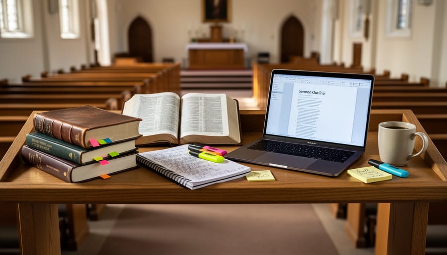 Close-up of hands holding a preaching manual next to journals and a microphone on a church lectern.