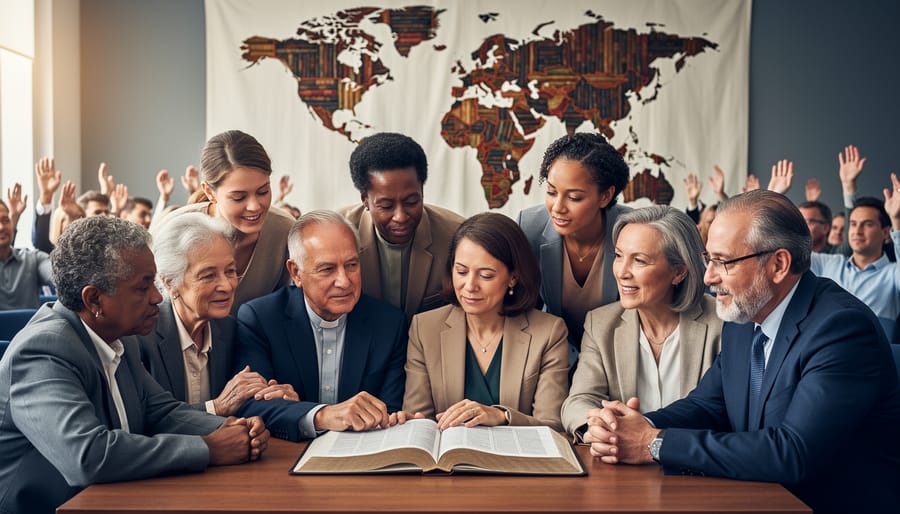 Diverse group of global preachers studying an open Bible together in a conference setting with a world-themed background.