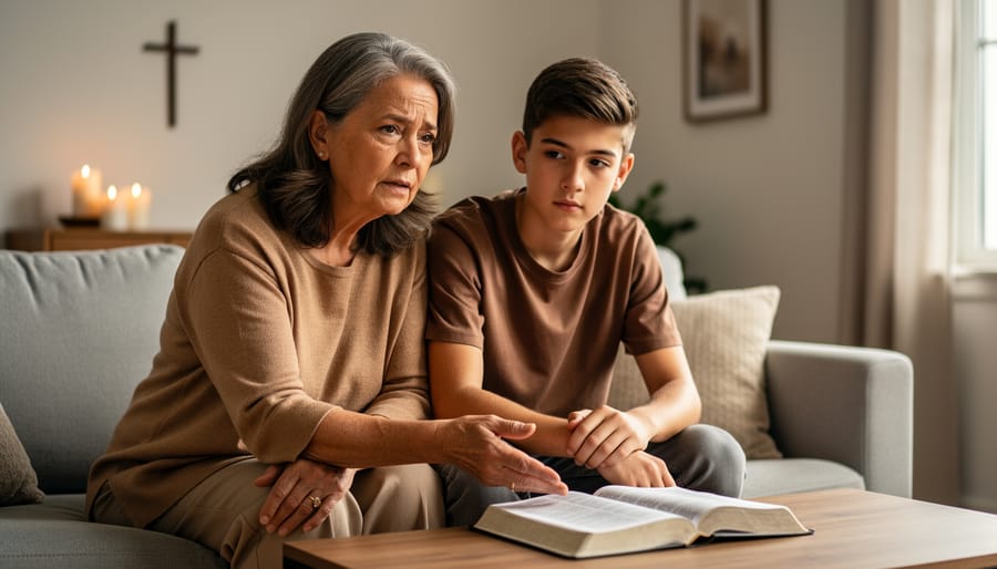 A parent and teenager sit together at home with an open Bible on the coffee table, suggesting intentional faith guidance during a serious conversation.