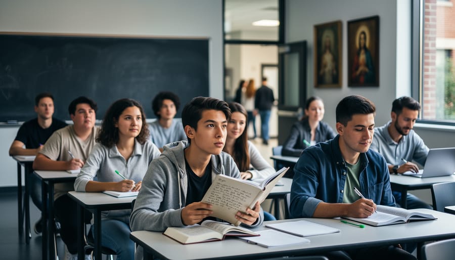 Students studying in a university classroom with open books and notebooks, suggesting academic religious studies course learning and planning.
