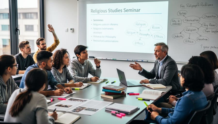 Students participating in an academic seminar discussion in a classroom