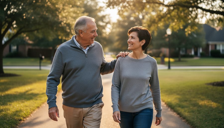A parent and adult child walking together toward a warmly lit room, symbolizing restored trust and guidance.