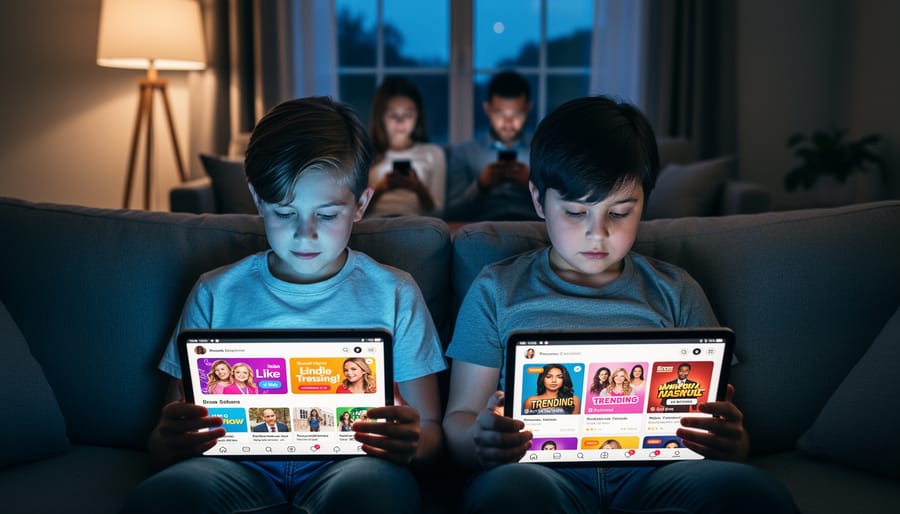 A teen holding a smartphone on a couch at night, looking distracted as if outside influence is taking over.