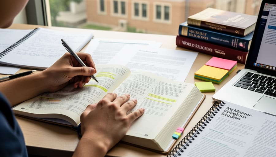 A student studying religious studies materials in a quiet university library