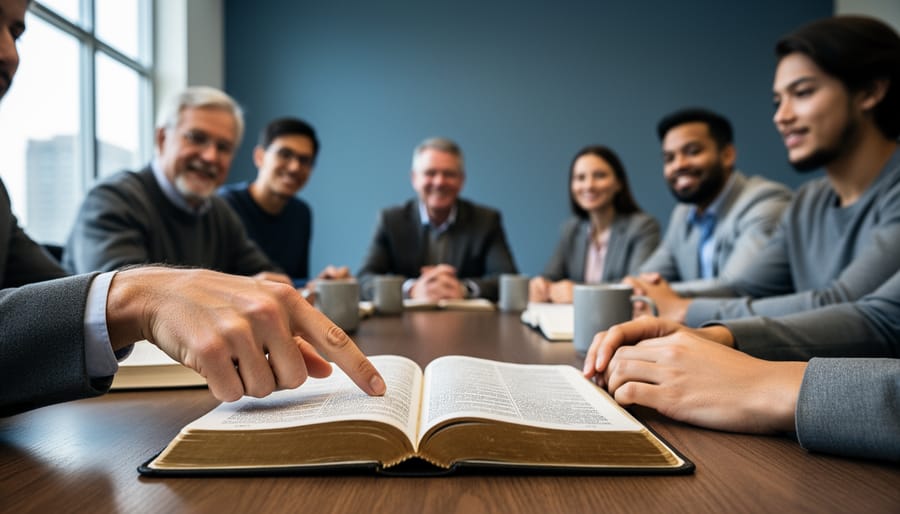 Diverse group gathered in a circle around an open Bible on a wooden table, with hands indicating the text during a study session