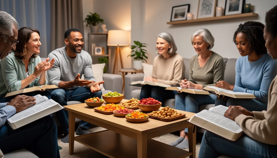 People gathered around a table with open Bibles and a platter of freeze-dried snacks for Bible study fellowship.