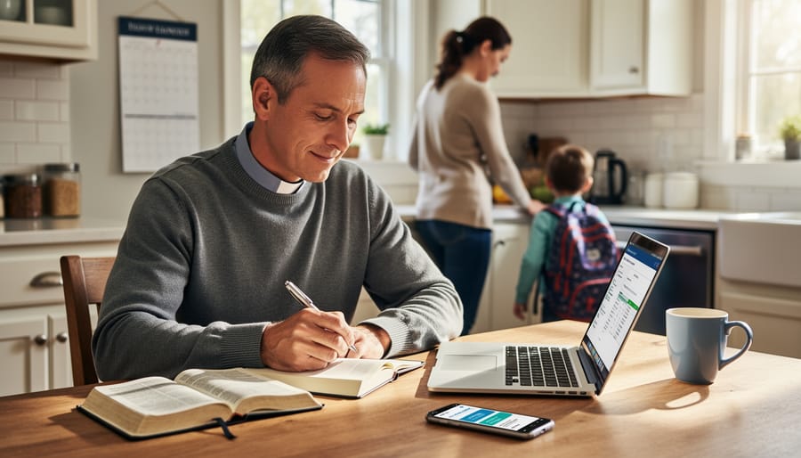 Person studying at a desk with a Bible and laptop for flexible theological learning