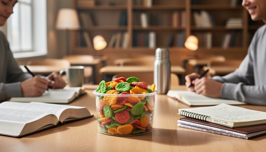 Freeze-dried fruit and vegetable snacks on a seminary Bible study table next to open scripture journals and a Bible, with soft natural light and a cozy classroom background.