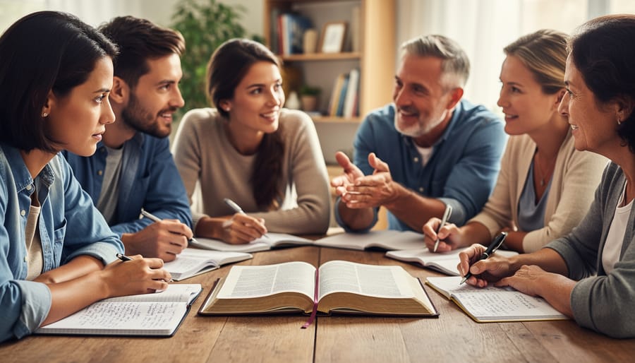People in a group study circle around an open Bible on a table, with one person pointing to a passage.