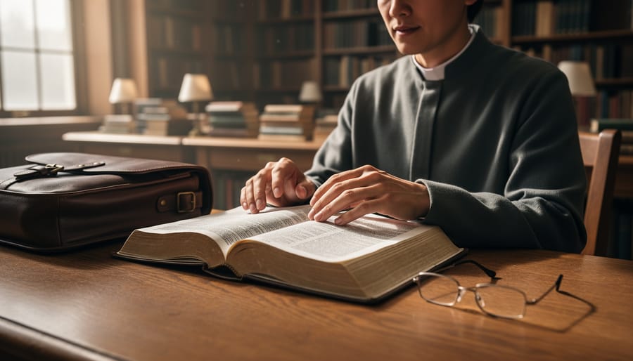 A ministry leader’s desk with an open Bible, reading glasses, and a softly blurred library background, representing biblical studies that strengthen leadership.
