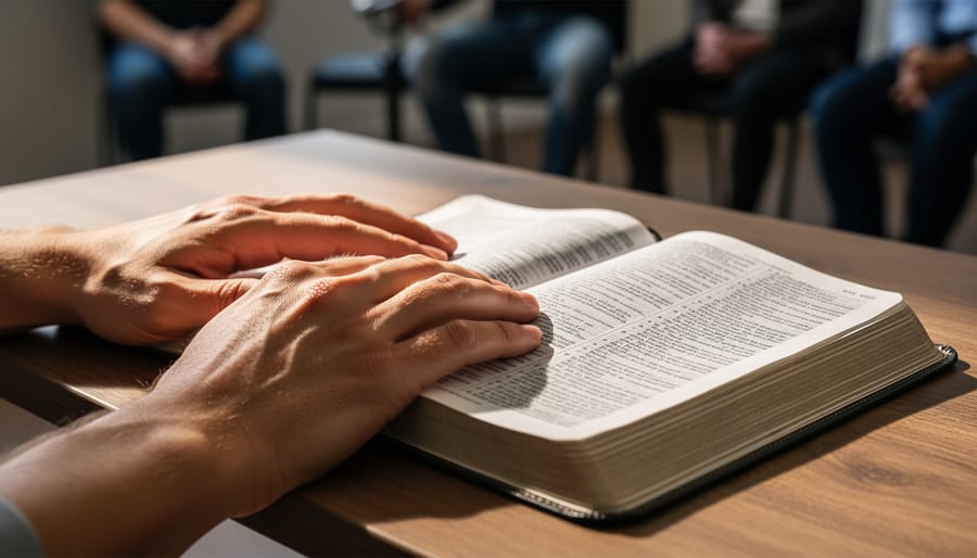 Open Bible on a table with a notebook and pen, with a mentor gesturing as a group listens in the background.