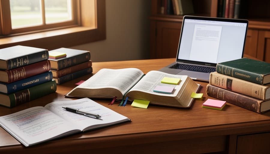 Open Bible on a wooden lectern beside a notebook and pen