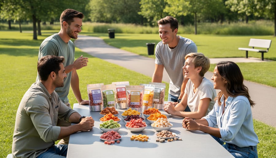 Outdoor Bible study table with open Bibles and assorted freeze-dried snacks during golden hour.