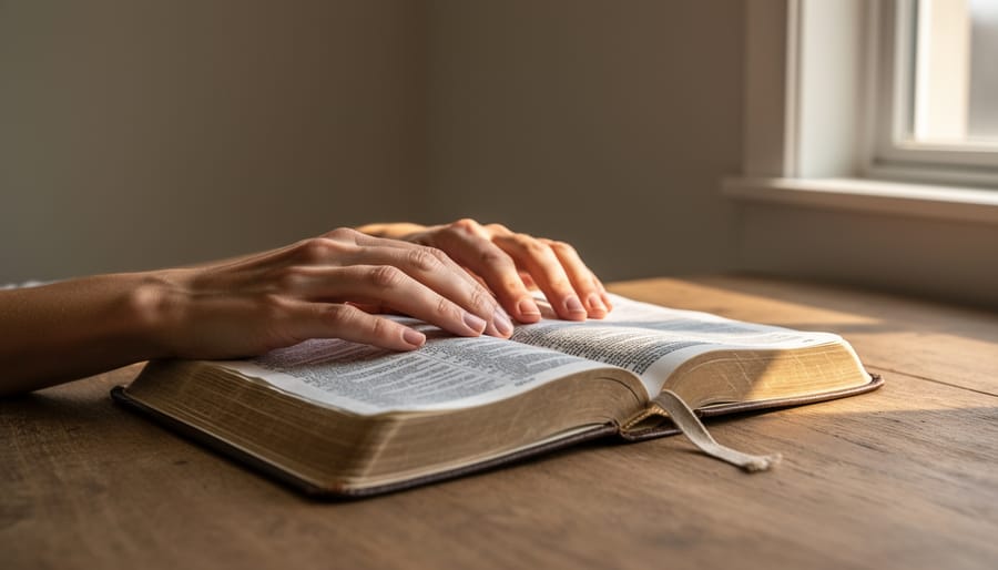 Bible pages on a table with a candle and tea in a softly lit quiet setting.
