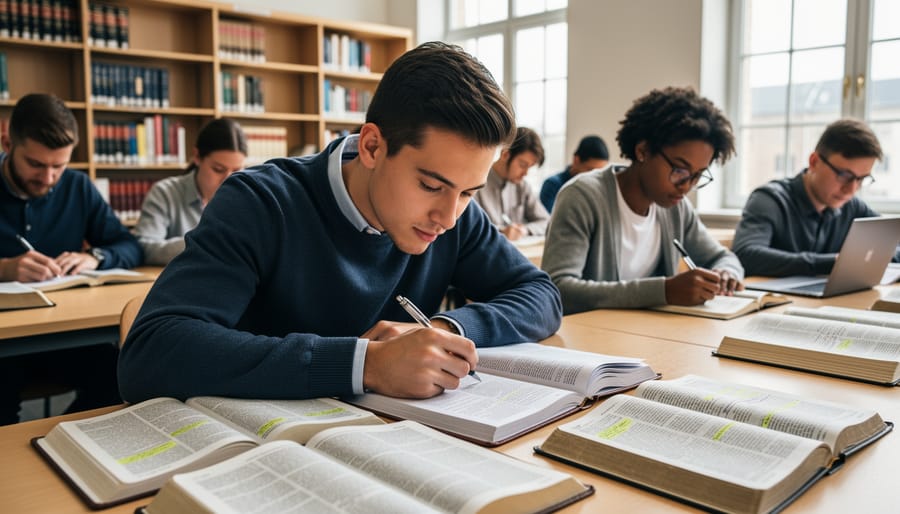 Students in a seminary classroom studying open biblical texts with notebooks
