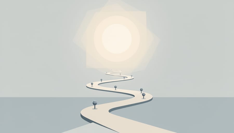 A winding stone path with scattered Bible pages leading toward a bright horizon.